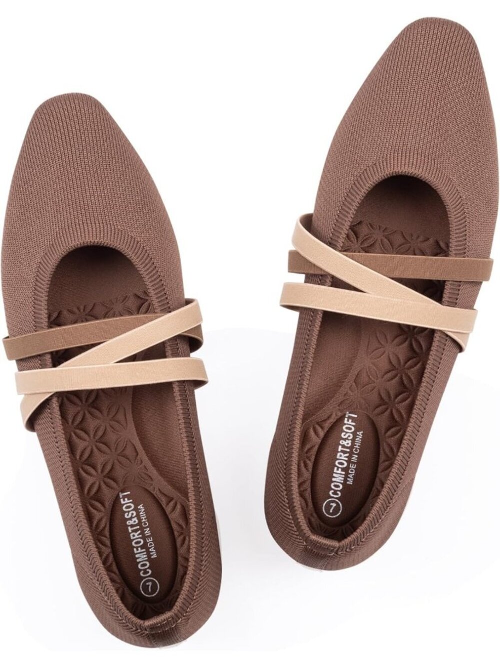 Women's Brown Knit Square Toe Ballet Flats Mary Jane Slip On Causal Shoes